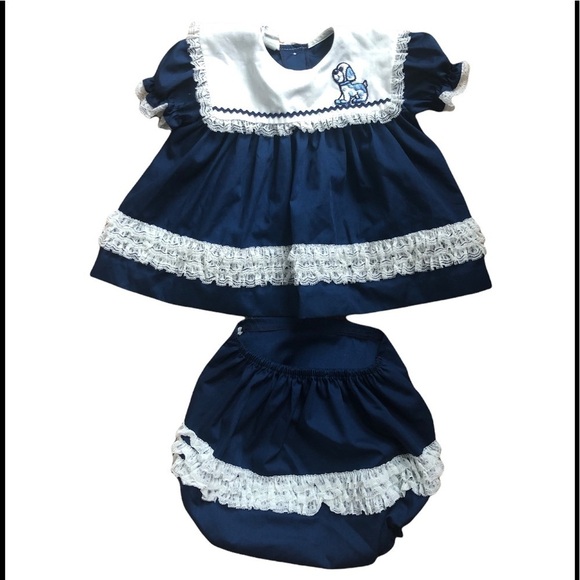 VTG Mini World 2PC Baby Girl Dress/Lace Panty Set Navy White Puppy Bow 9-12MO - Picture 1 of 7